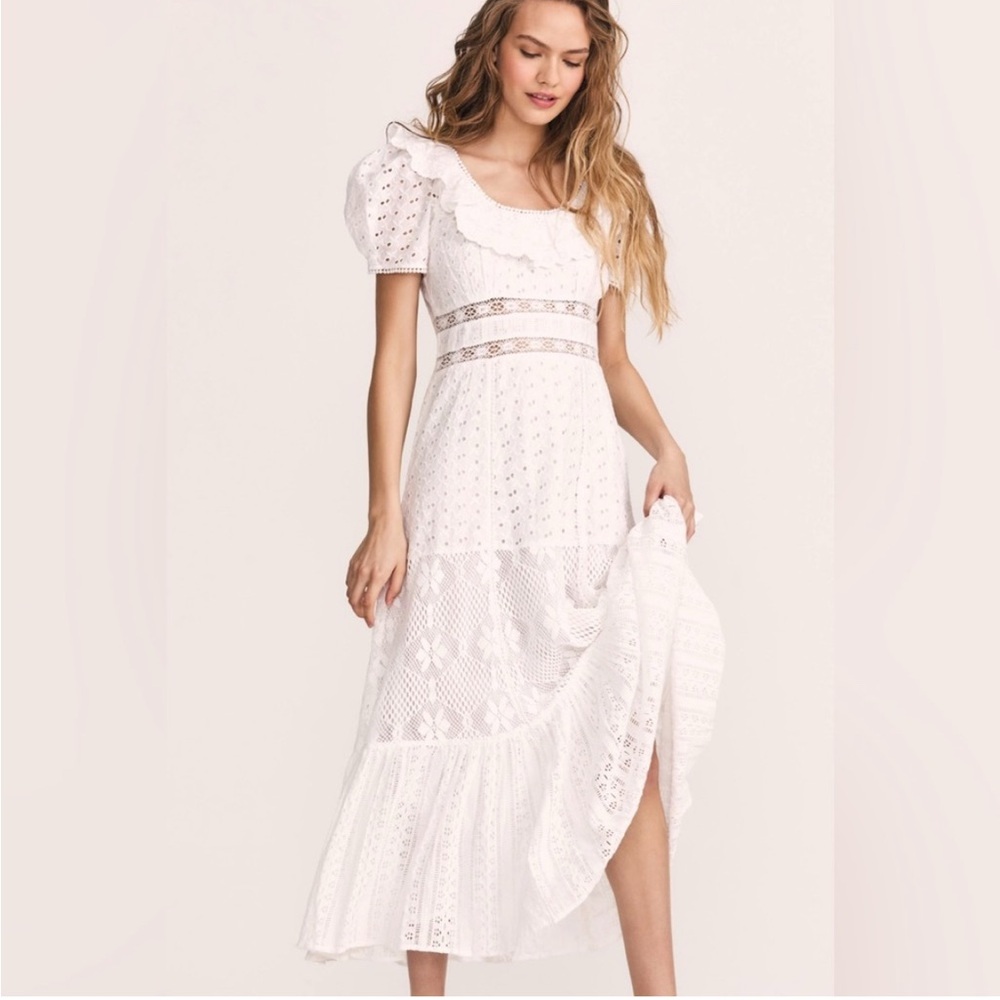 LoveShackFancy White Tiered Midi Dress with Puff Sleeves